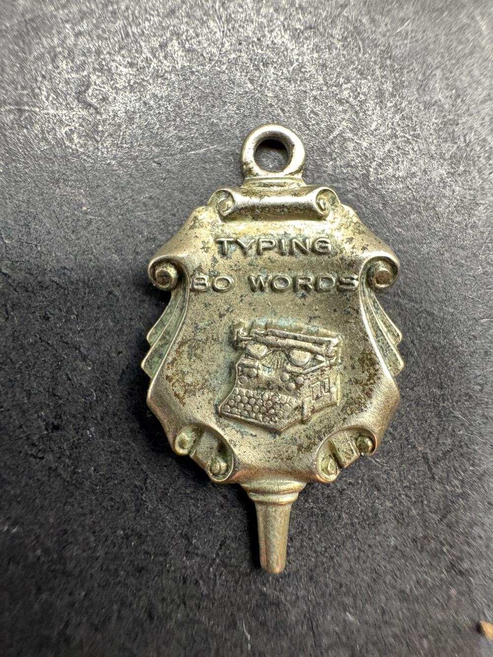 Vintage Jostens Typing 80 Words Metal Charm Pendant Silver Tone 21.9mm